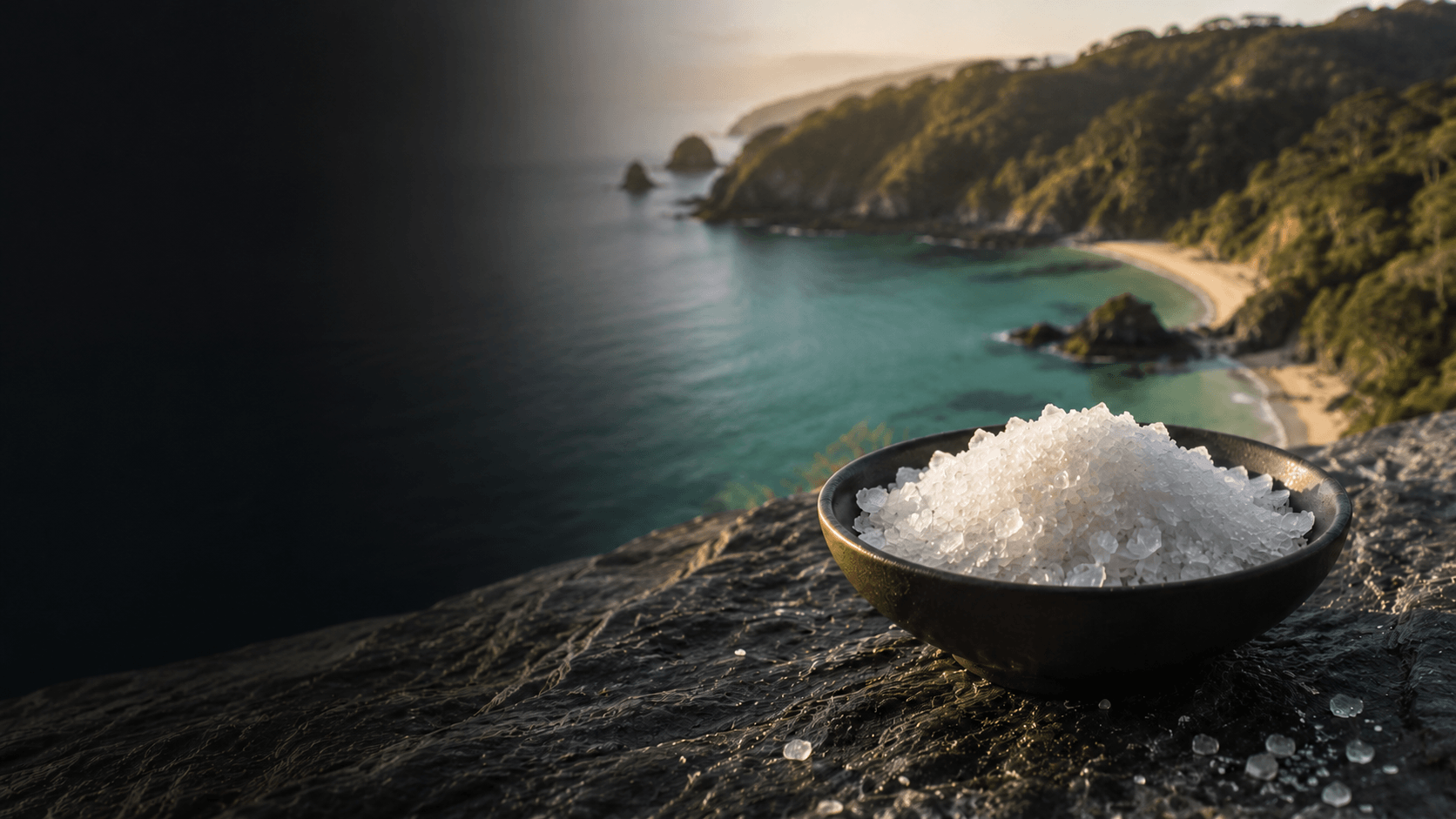 A black bowl filled with salt placed on a rocky surface overlooking a coastal landscape with a beach, green cliffs, and calm ocean waters at sunset.