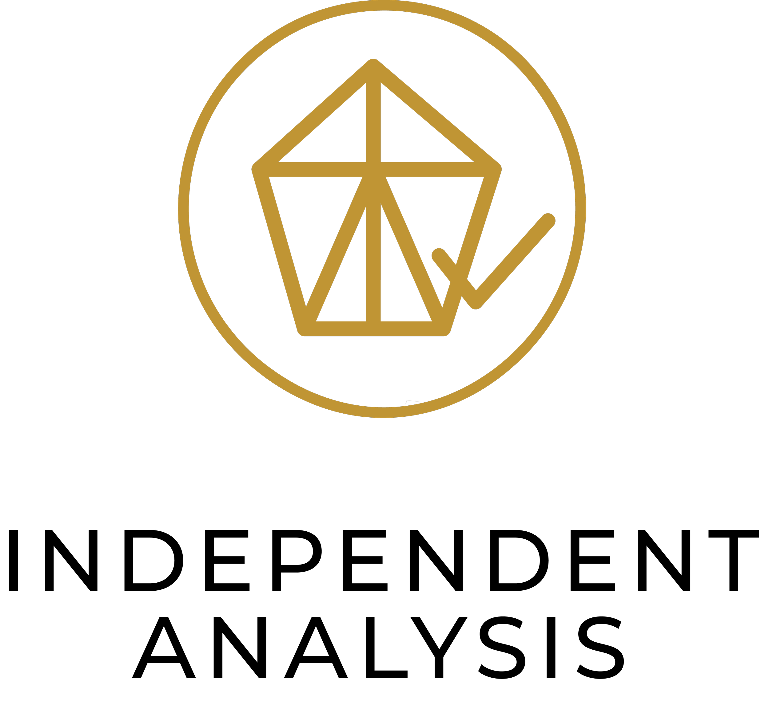 A black background with a gold circular emblem featuring an abstract geometric design of a house with a tree and a person with a child.