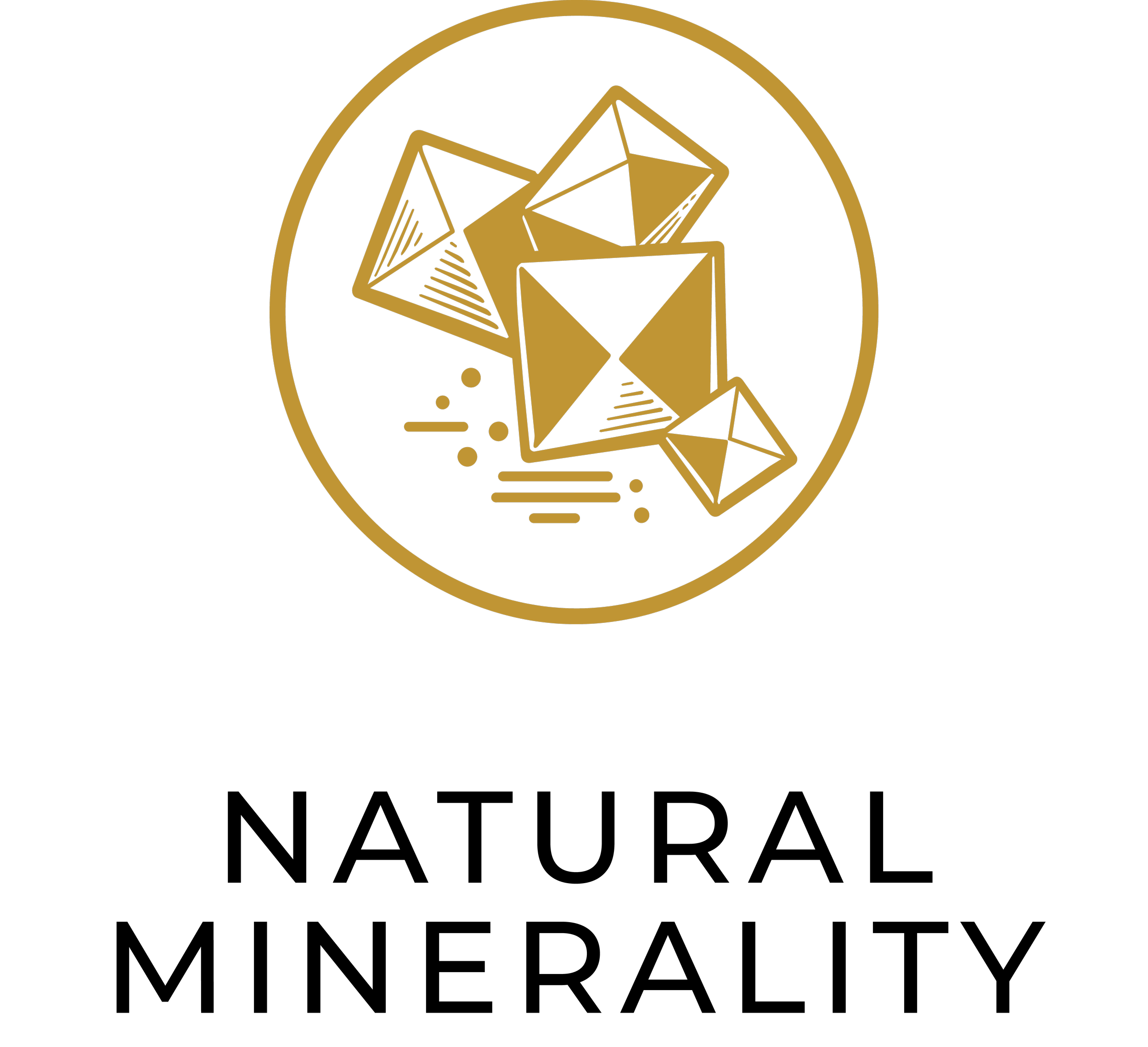A minimalist metallic gold geometric crystalline arrangement inside a circle on a black background.