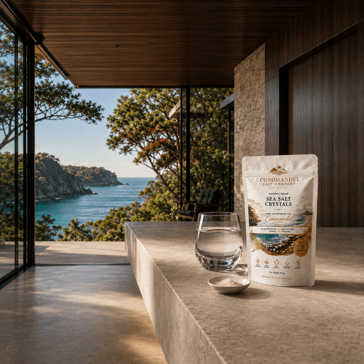A modern interior space with a large window overlooking a scenic coastal landscape with trees, water, and rocky cliffs. On a light-colored countertop, there is a glass of water, a small bowl of salt, and a package of Coromandel Sea Salt Crystals, with the packaging featuring a beach scene and sun.
