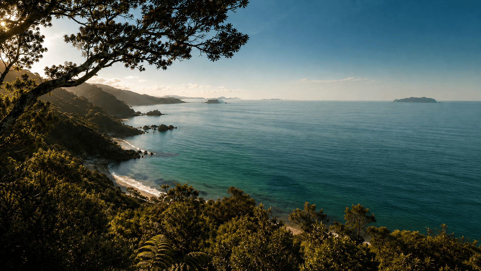 A coastal landscape view with a shoreline, green trees, rocky cliffs, and the ocean extending to the horizon under a clear sky.