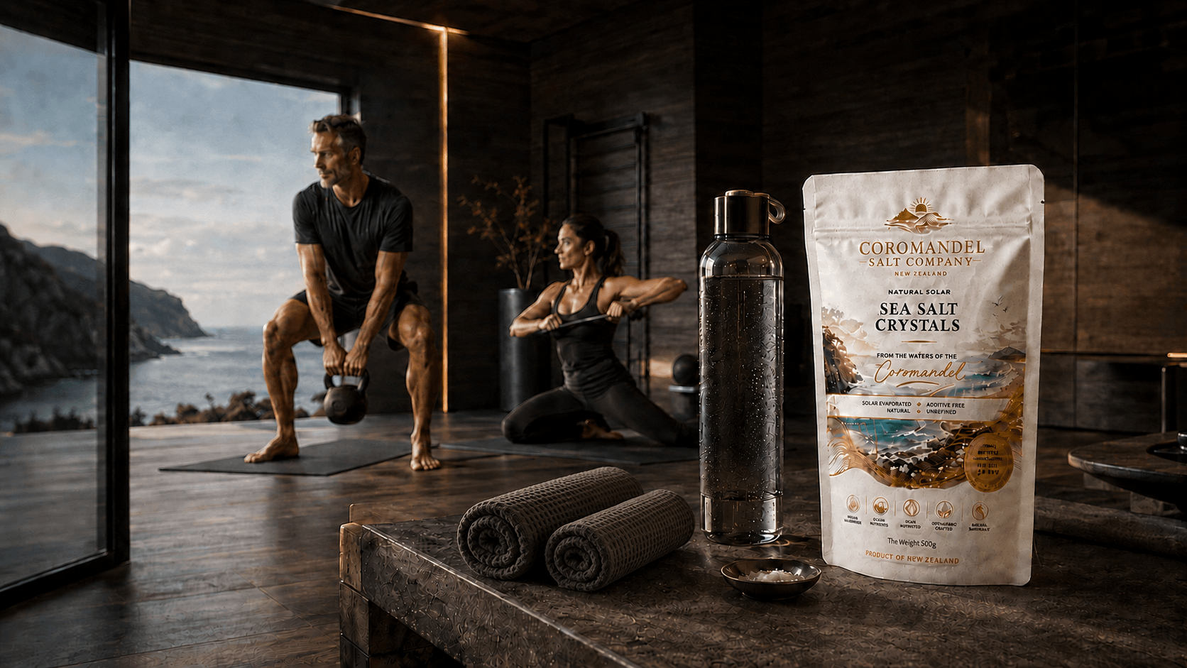 A man and woman exercising in a modern, dark wooden gym with large windows overlooking a coastal landscape. The table in the foreground holds rolled towels, a water bottle, a package of sea salt crystals from New Zealand, and a small dish.