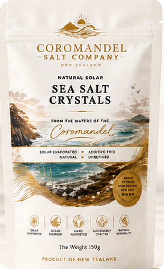 Packaging of Coromandel Salt Company sea salt crystals from New Zealand, featuring a scenic coastal illustration with mountains, ocean, and birds.