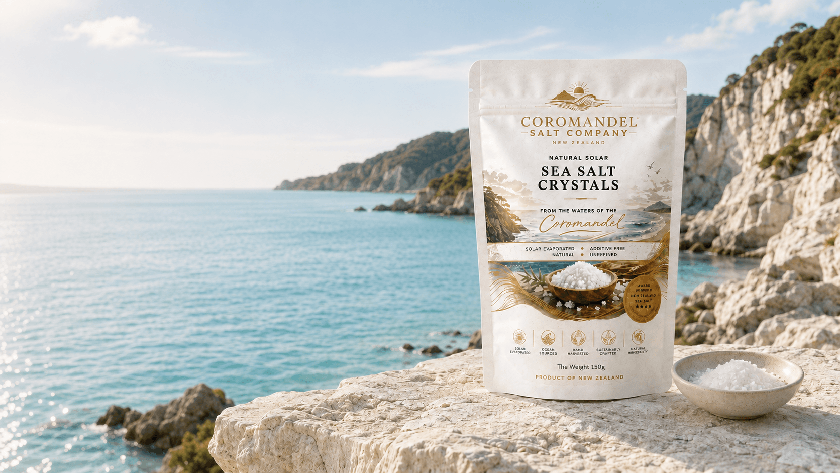 Bag of Coromandel Sea Salt Crystals, with a bowl of sea salt crystals on a rocky surface by the ocean, with cliffs and water in the background.