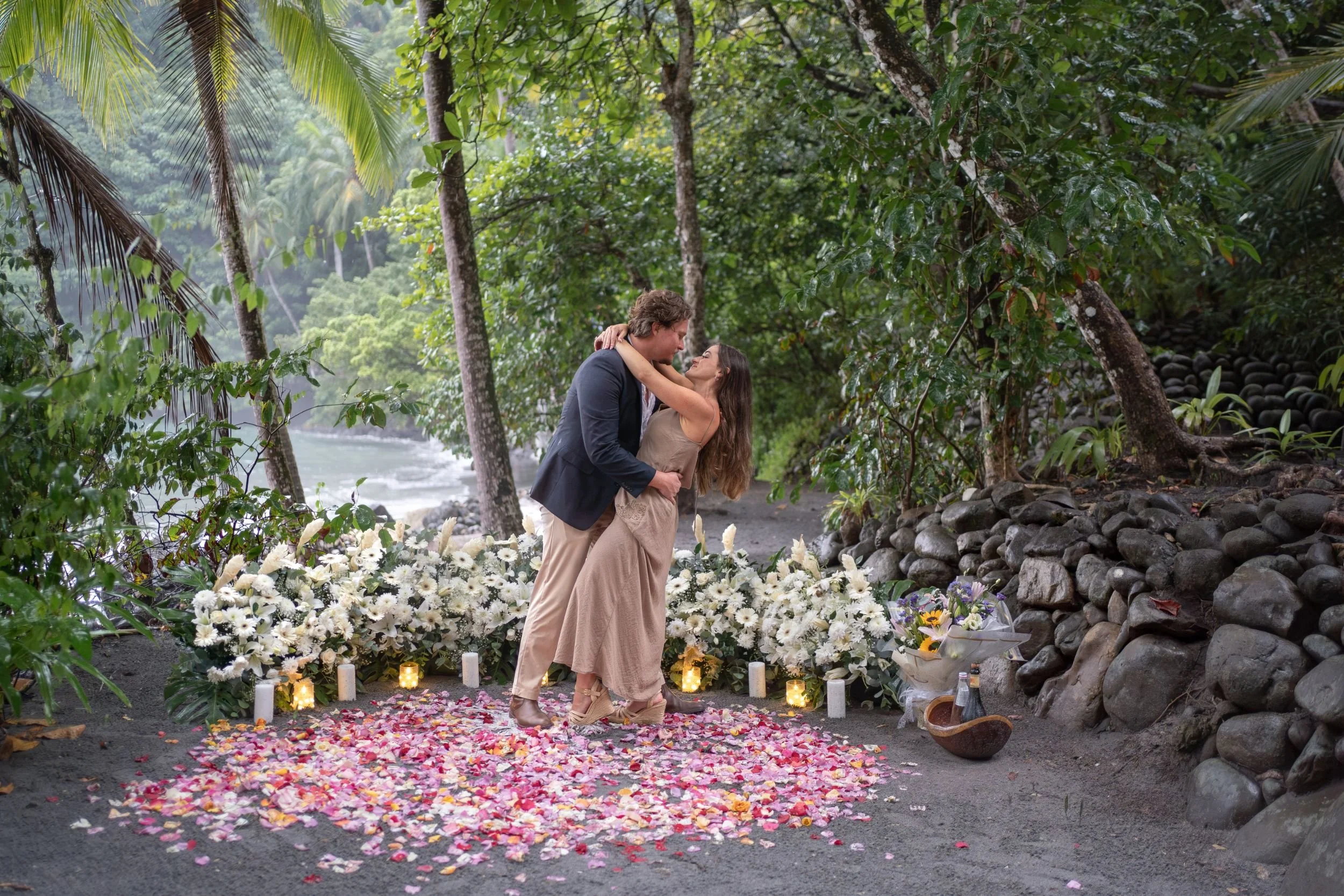 Jungle proposal setup with white flowers and rose petals in Manuel Antonio, Costa Rica