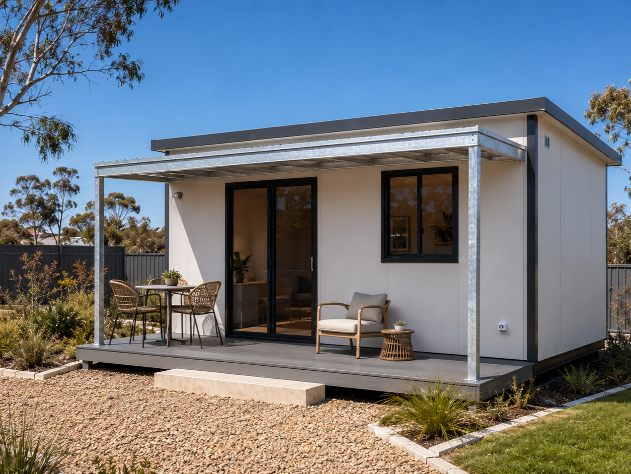 Modern tiny house with a small outdoor patio, featuring a table with four chairs, a cushioned armchair, and a small side table. The house has sliding glass doors and a window, with a metal roof and trim, surrounded by a landscaped yard with rocks and plants.