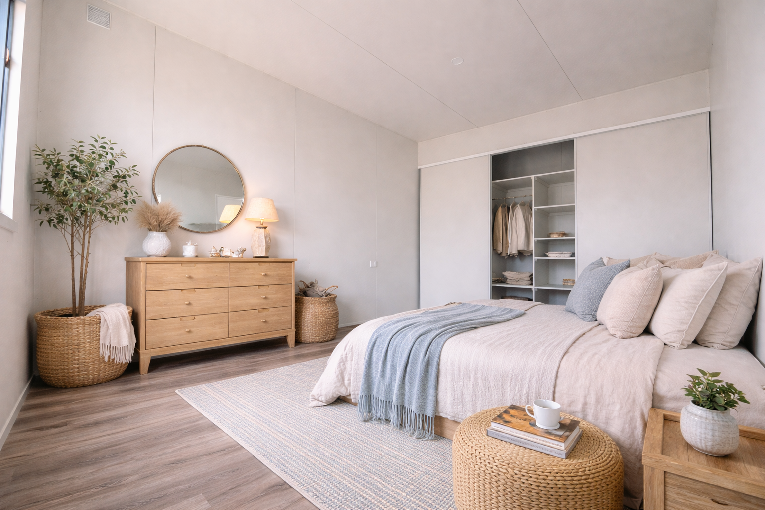 A minimalist bedroom with a bed, pillows, and a throw blanket. There is a wooden dresser with a mirror and decorative items, a lamp, and a potted plant. An open closet with hanging clothes and shelves is visible.