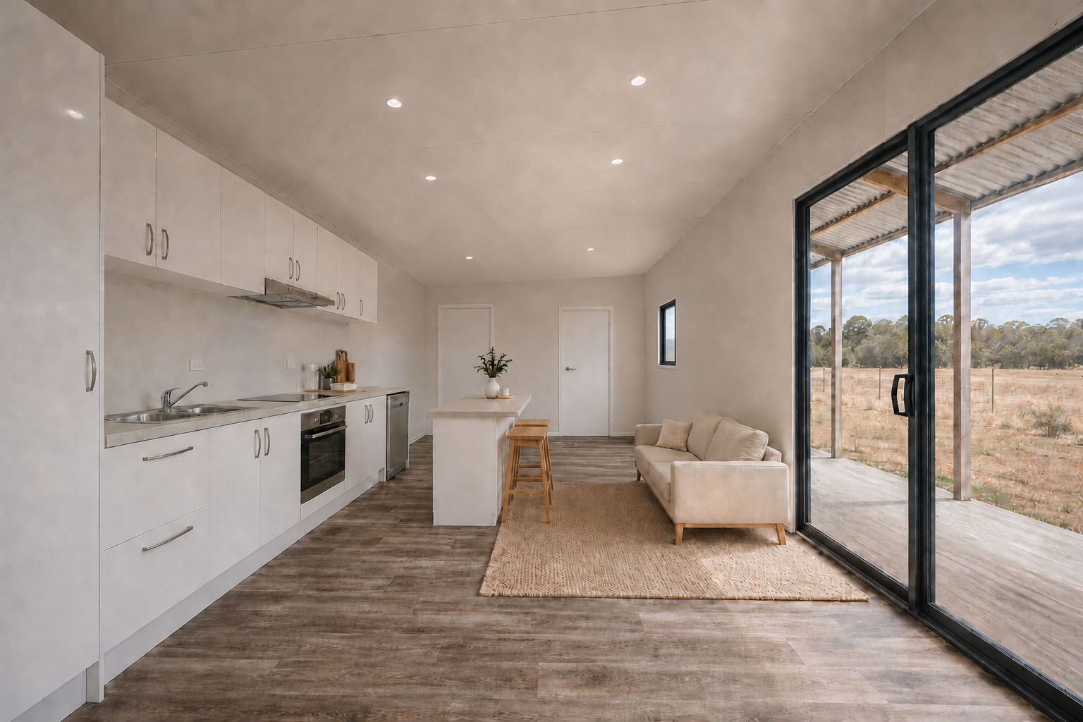 Open-concept living space with white kitchen cabinets, a small island with bar stools, a beige sofa on a textured rug, and a large sliding glass door leading to a wooden deck with a view of trees and blue sky.