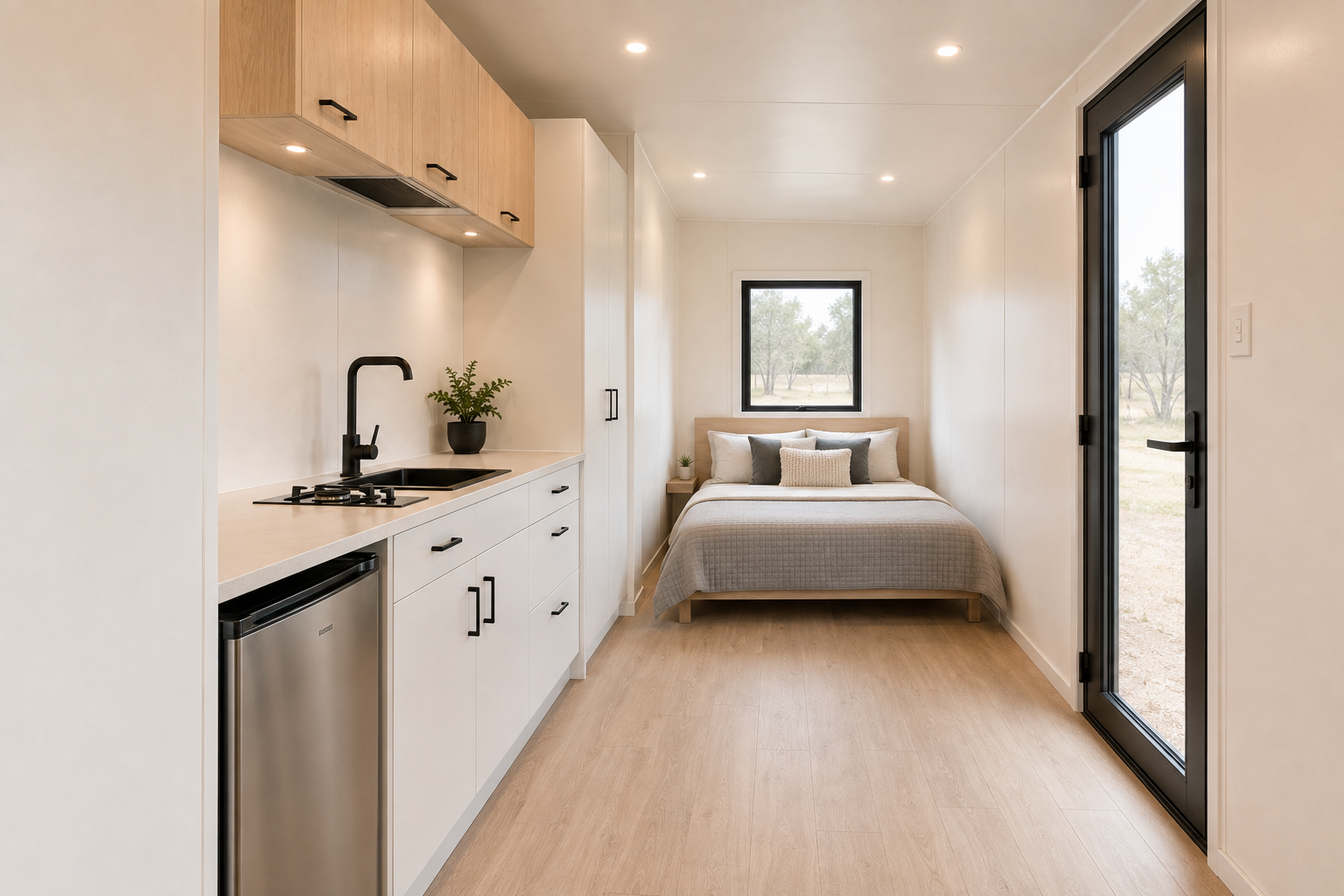 Small studio with kitchenette and bed, featuring white walls, light wood flooring, black accents, and large windows overlooking a natural landscape.