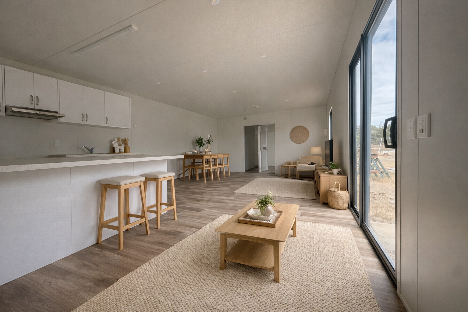 Open-concept living room and kitchen with light wood furniture, beige rug, large sliding glass doors, and minimal decor.