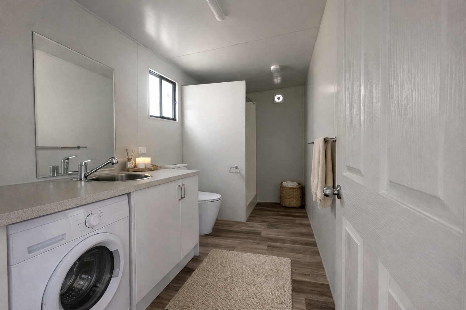 A minimalist bathroom with a washing machine under a beige countertop, a small sink, a large mirror, a window, a toilet, a basket with towels, beige towels on a rack, candles, and wood-look flooring.