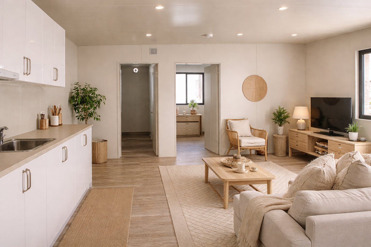 Living room with beige sofa, wooden coffee table, tv on wooden stand, and wicker armchair. Doors lead to other rooms, and there are potted plants, table lamp, wall decor, and large windows with natural light.