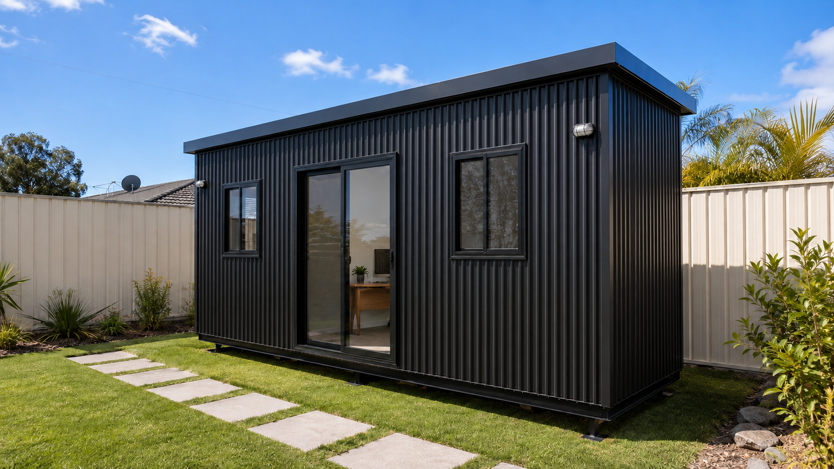 Small black tin cladded transportable home with sliding glass door and two windows in a backyard with green grass, stepping stones, and a beige fence, under a blue sky with a few clouds.