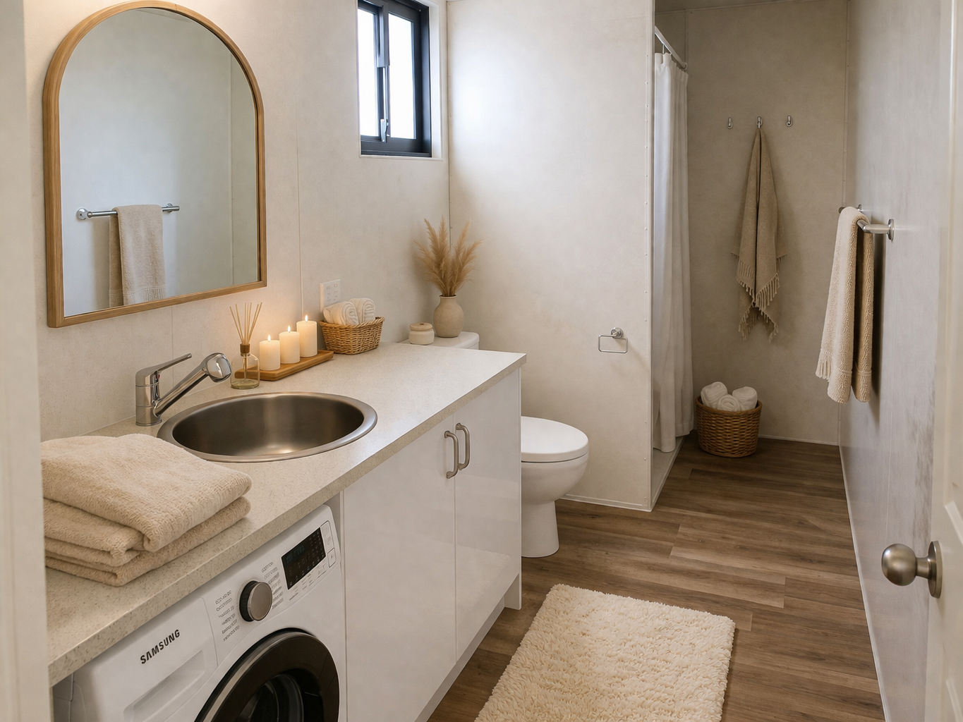 A modern bathroom with a washing machine under a beige countertop, a round sink, a mirror, towels, candles, a soap dispenser, a vase with dried plants, a window, a toilet, a shower with a curtain, and a wicker basket with rolled towels.