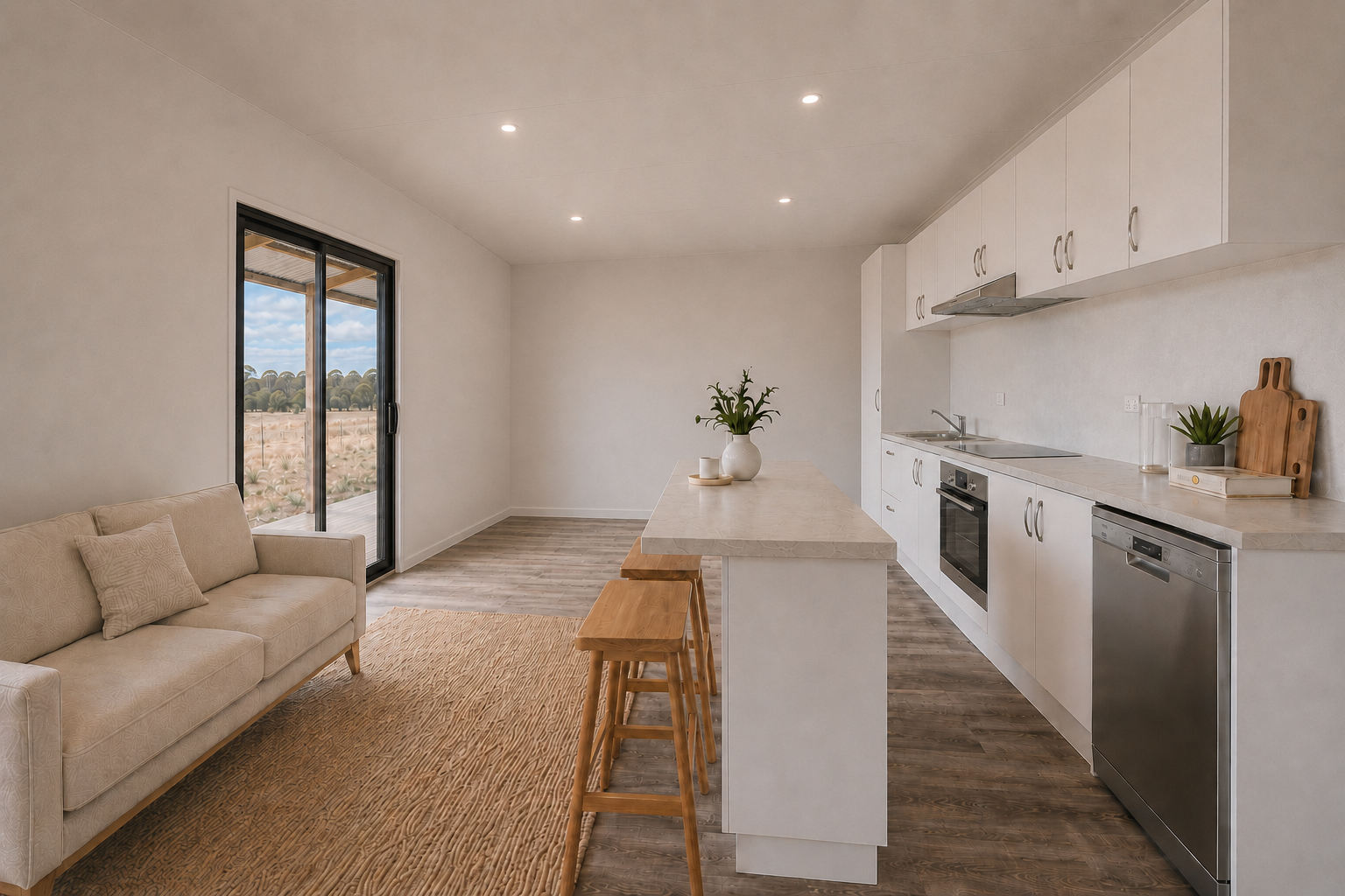 Modern kitchen with white cabinets, marble countertop island, stainless steel appliances, and a small living space with beige sofa and sliding glass door leading outside.