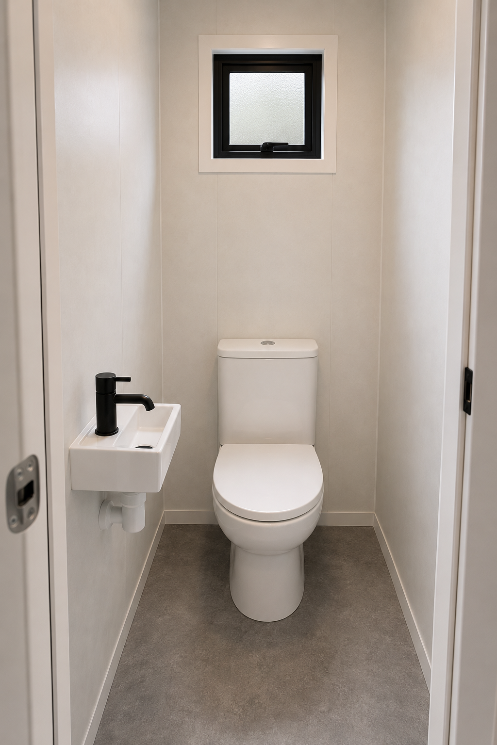 Small bathroom with a white toilet, a tiny white sink with a black faucet, and a frosted small window above the toilet.
