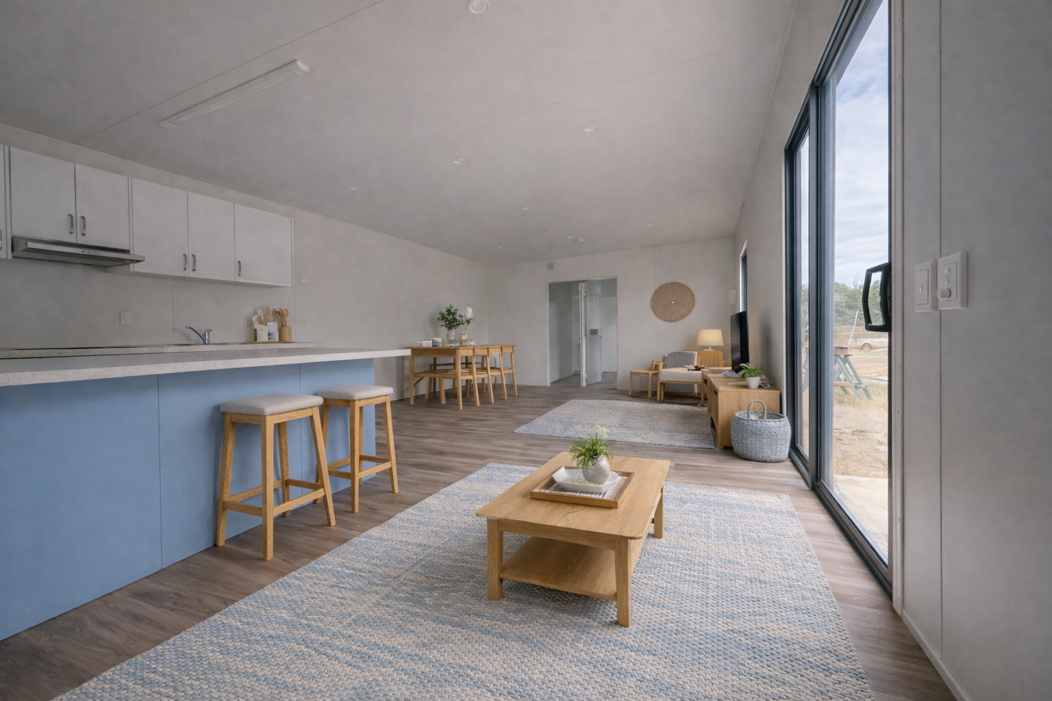 Open-concept living room and kitchen with light-colored walls, wooden furniture, large sliding glass doors, and minimalist decor.