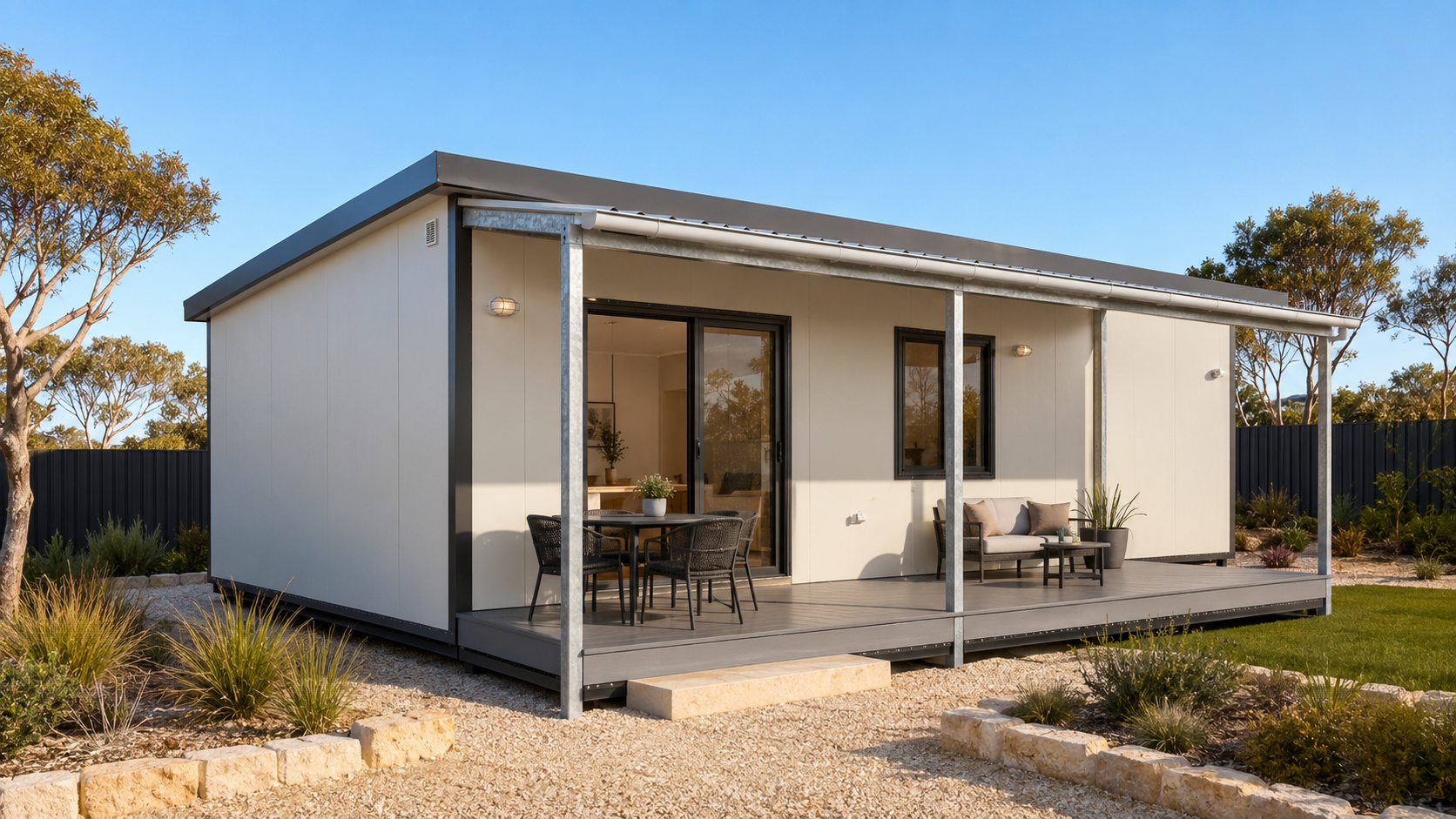 A modern tiny house with a gray exterior, large sliding glass doors, and a small porch with outdoor seating, surrounded by a landscaped yard with drought-tolerant plants and trees.