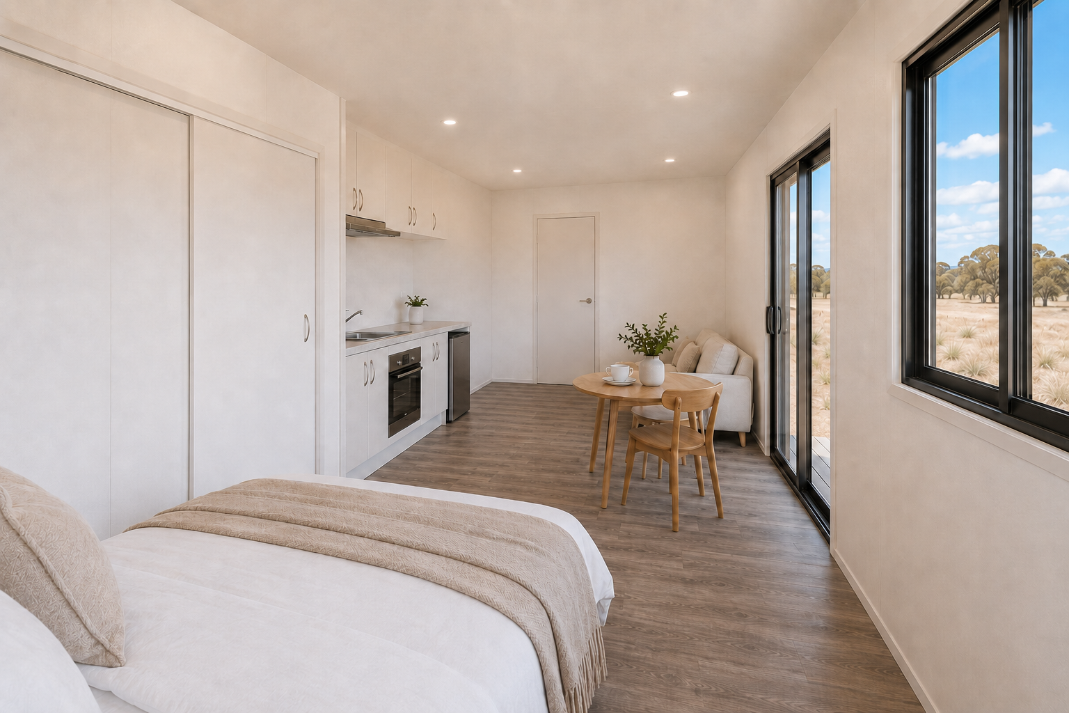 Interior of a small, modern apartment with a bed in the foreground, a kitchenette with white cabinets and a table with chairs against a window, and large windows showing an outdoor landscape of trees and grass.