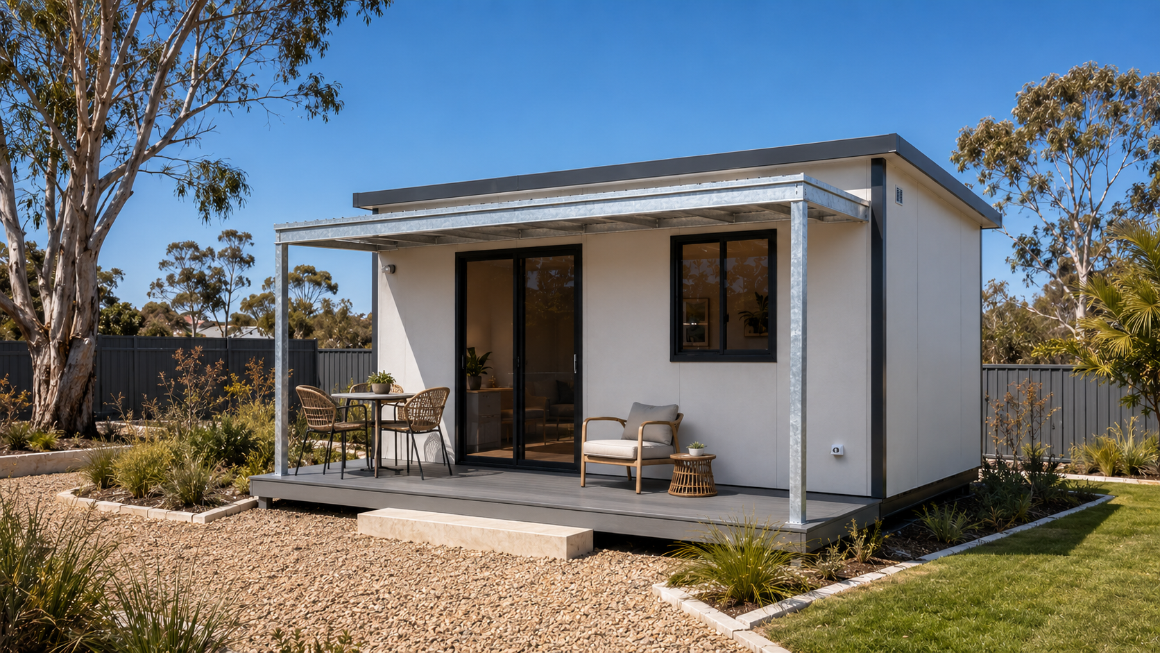 Small modern house with a gray exterior, sliding glass door, and window, featuring a cozy outdoor patio with chairs, table, and plants, surrounded by a well-maintained yard with trees and shrubs under a clear blue sky.