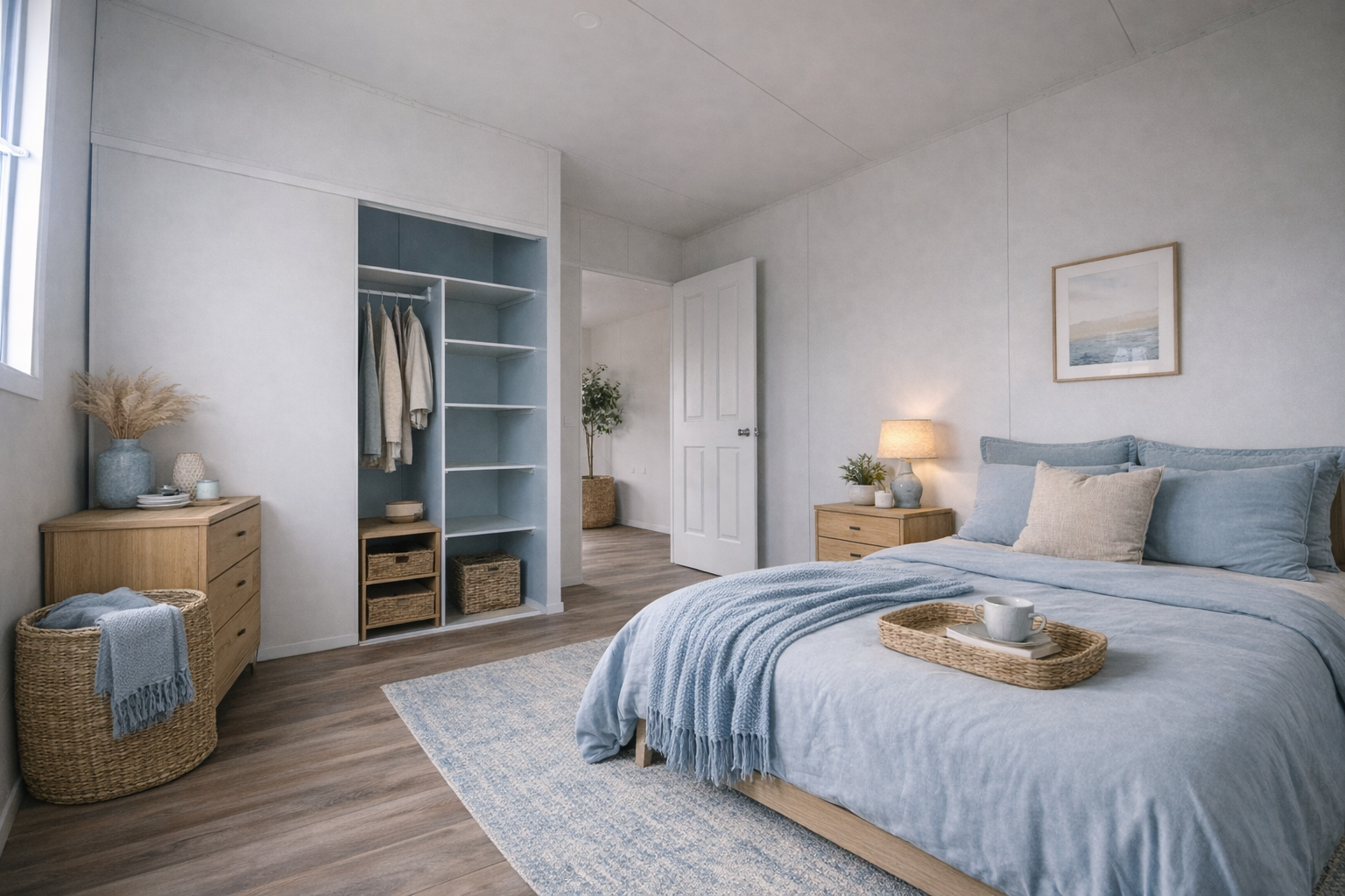 A cozy bedroom with light blue and beige decor, a bed with light blue bedding, a wooden nightstand with a lamp, a framed picture on the wall, a closet with open shelves, wicker baskets, a woven basket with clothing, a small wooden dresser, and a window with natural light.