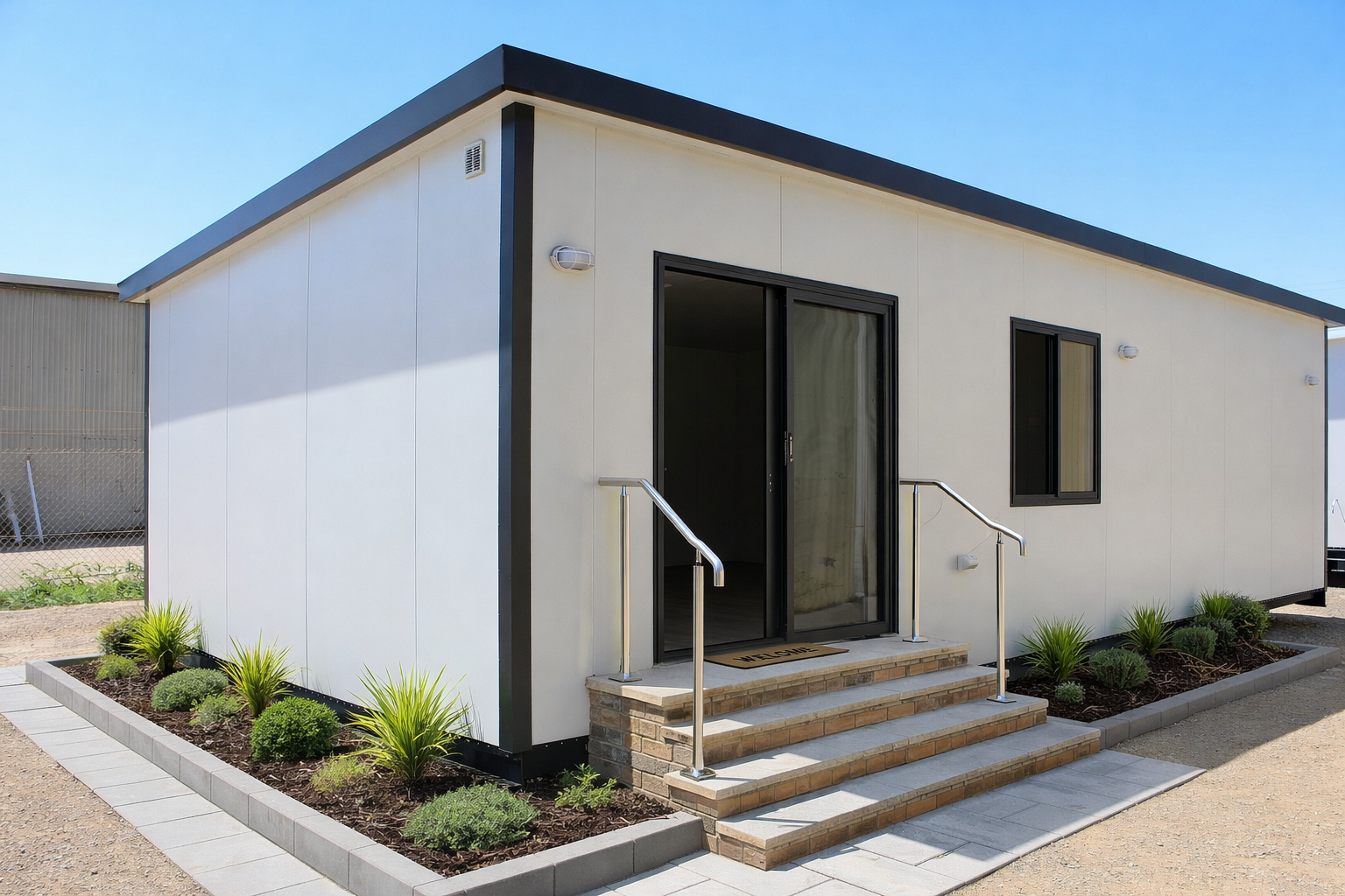 Exterior of a small modern house with white siding, black trim, and a front door accessible by brick steps with metal railings. There are small landscaped flower beds with green plants along the house.
