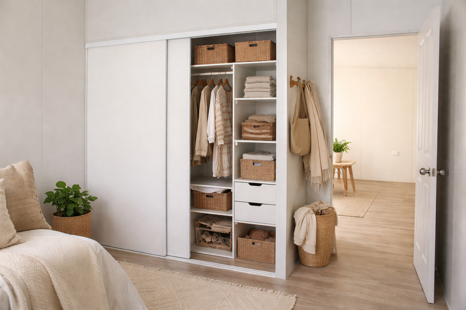 A bedroom with a white closet filled with neatly folded towels, baskets, and hanging clothes. There's a bed with neutral bedding, a potted plant in a woven basket, and an open door leading to a bright room with a small table and plant.