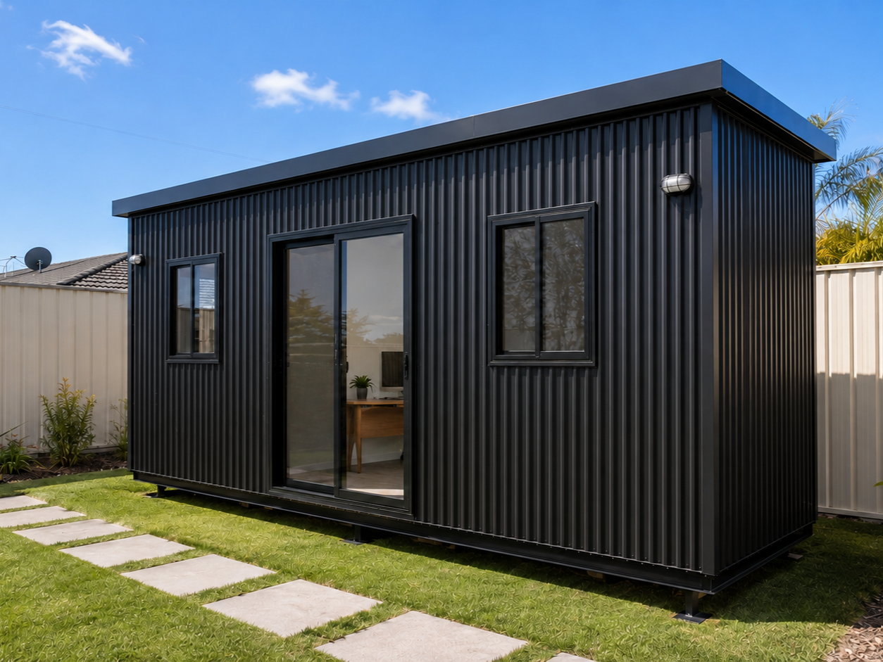 Small modern black tin cladded transportable home with sliding glass door and two windows on a grassy lawn, with a beige fence and some plants in the background under a blue sky.