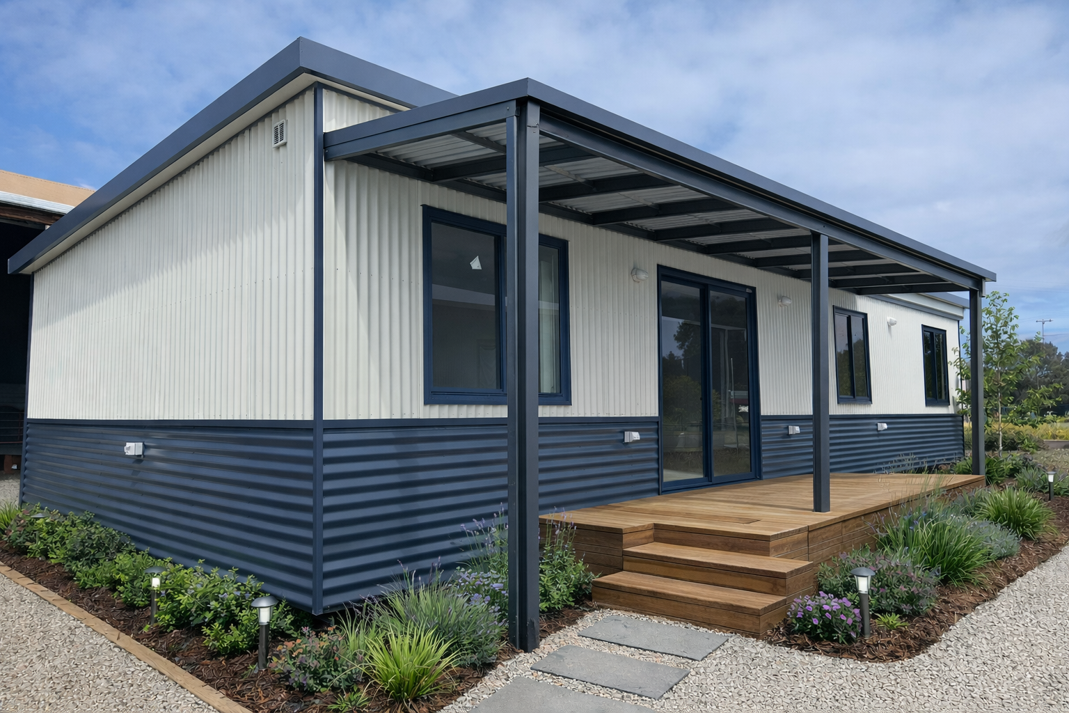 Modern tiny house with metal siding, wooden deck, and surrounding garden.