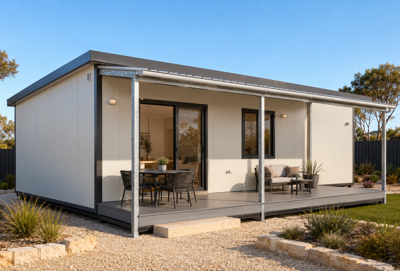 Modern tiny house with a front porch, outdoor seating, and a dining table, surrounded by a landscaped yard with rocks and plants, under a clear blue sky.