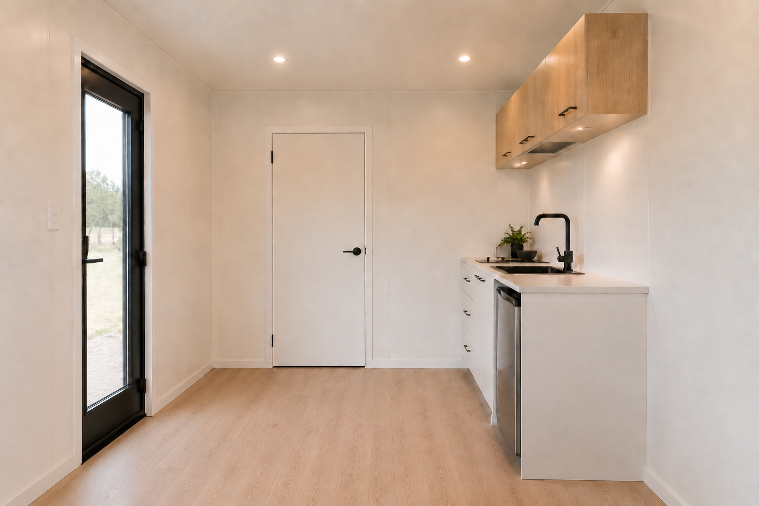 Minimalist kitchen with white walls, light wood flooring, a small kitchenette with a black sink, black faucet, and light wood cabinets. There is a potted plant on the counter, and a door to the outside. Recessed ceiling lights illuminate the space.