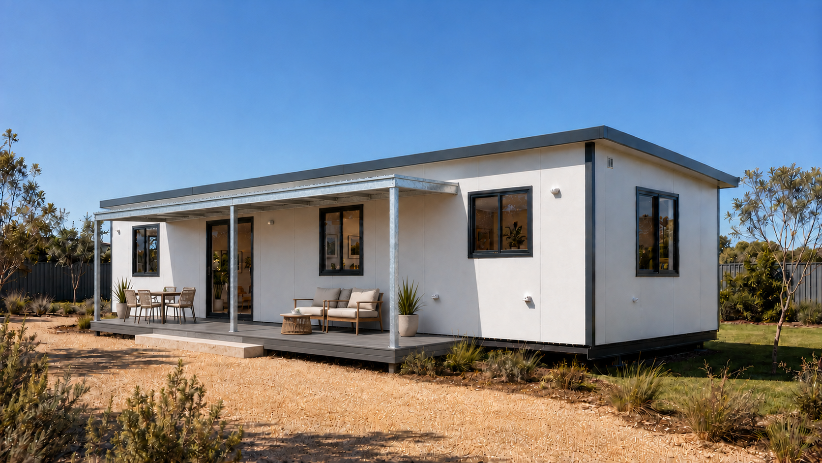 Modern white house with a flat roof, large windows, and a spacious wooden deck featuring outdoor seating and dining areas, surrounded by desert landscaping and shrubs under a clear blue sky.