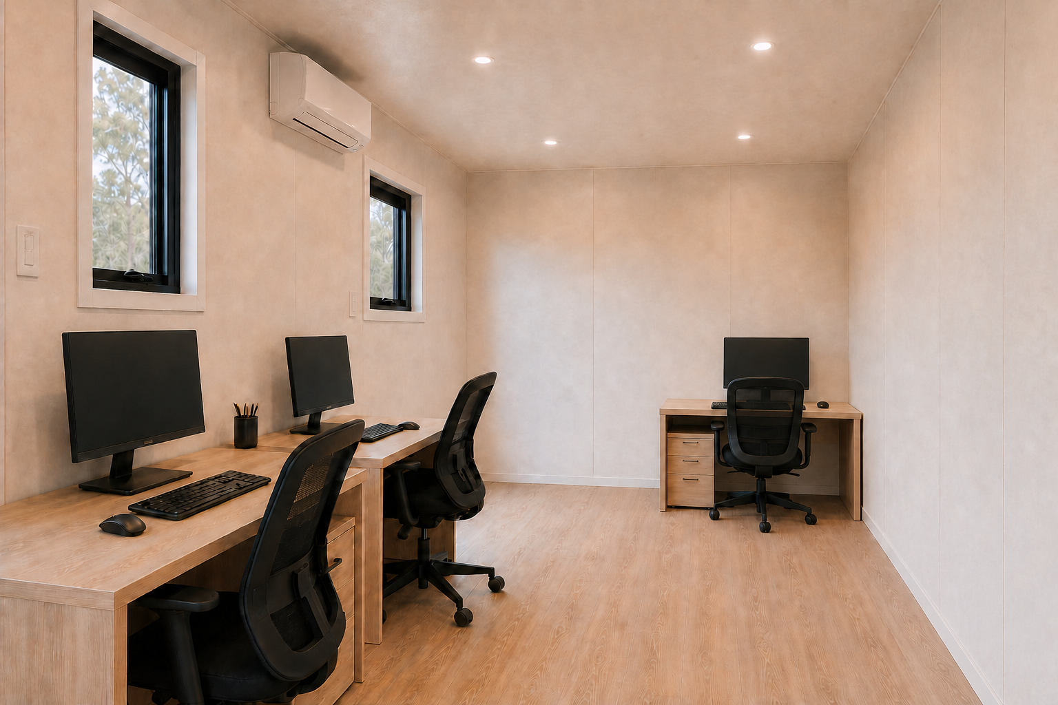 Empty office room with three workstations, each with a computer monitor, keyboard, and mouse, wooden desks, black office chairs, two windows, an air conditioning unit, and ceiling lights.