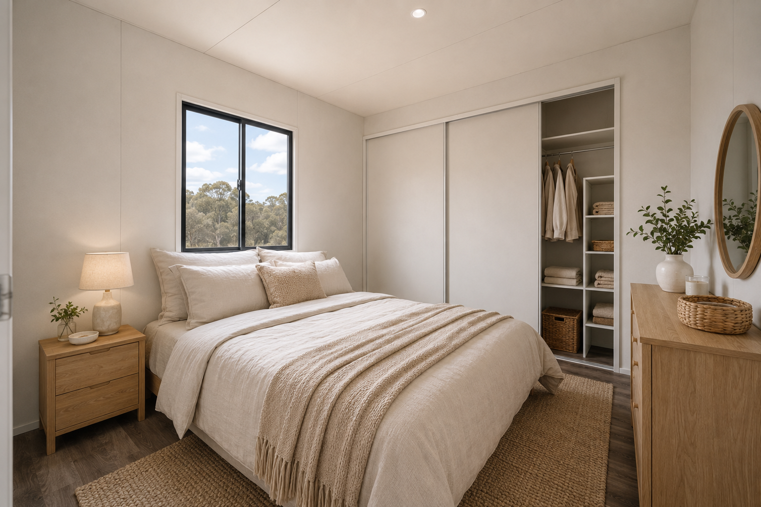 Minimalist bedroom with cream-colored bedding, wooden furniture, a small lamp, woven basket, and a closet with shelves and hanging clothes.