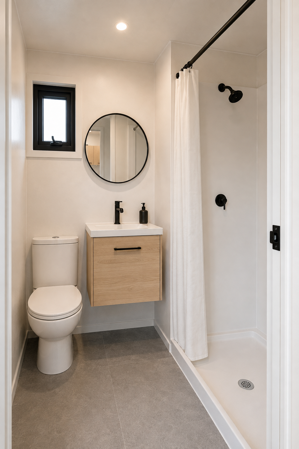 Small modern bathroom with a white toilet, floating wooden vanity with a black faucet and soap dispenser, round mirror, small window, and walk-in shower with black fixtures and a white curtain.