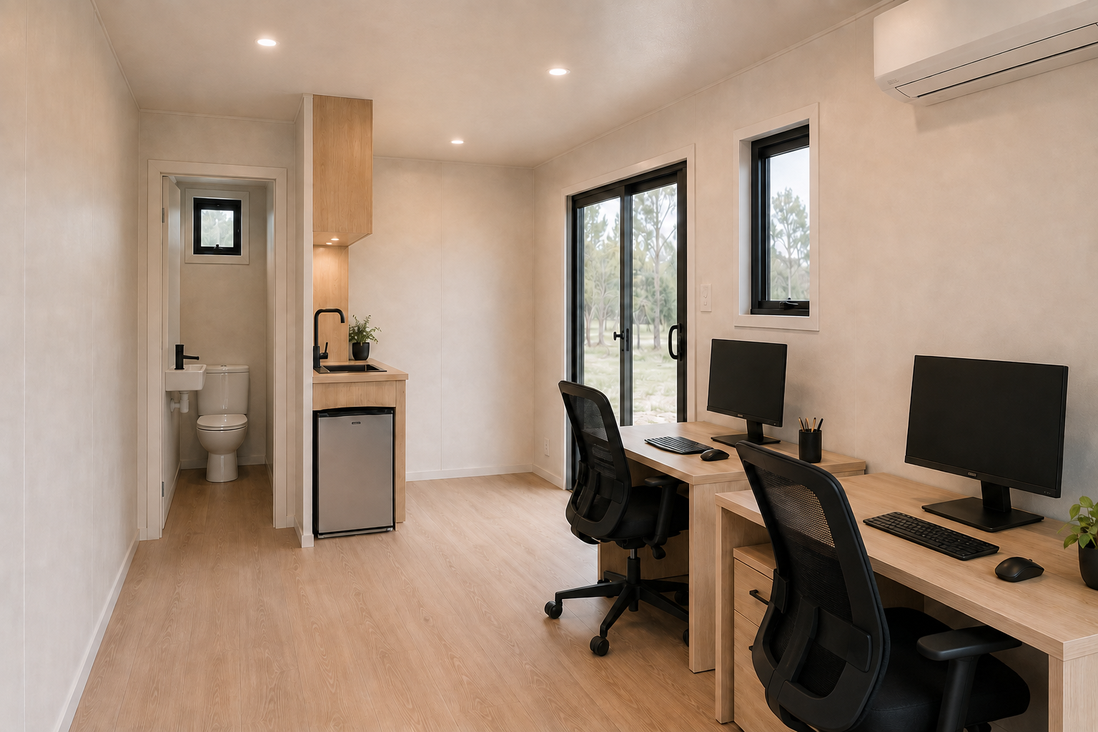 Office space with two desks, computers, and office chairs, a small kitchenette with a mini refrigerator and sink, a window, sliding glass door, and a small bathroom with toilet and sink.