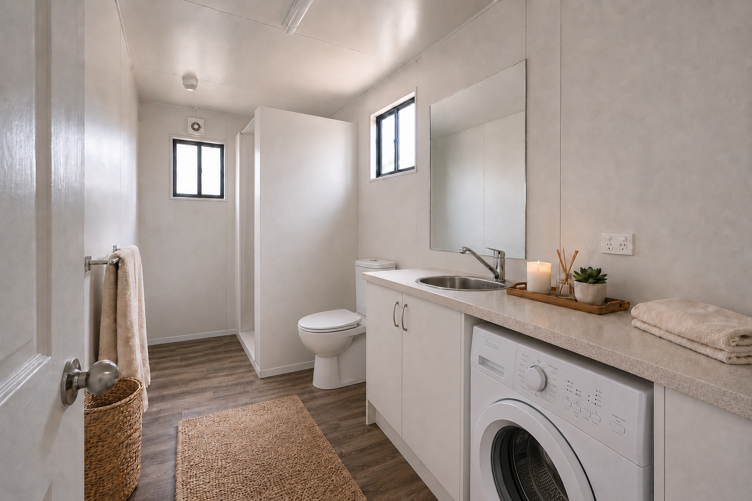 A bright, minimalist bathroom with white walls and wood flooring. Features a shower area, toilet, large mirror, and countertop with a sink, candles, a plant, and folded towels. There is a washing machine under the counter and two small windows for natural light.