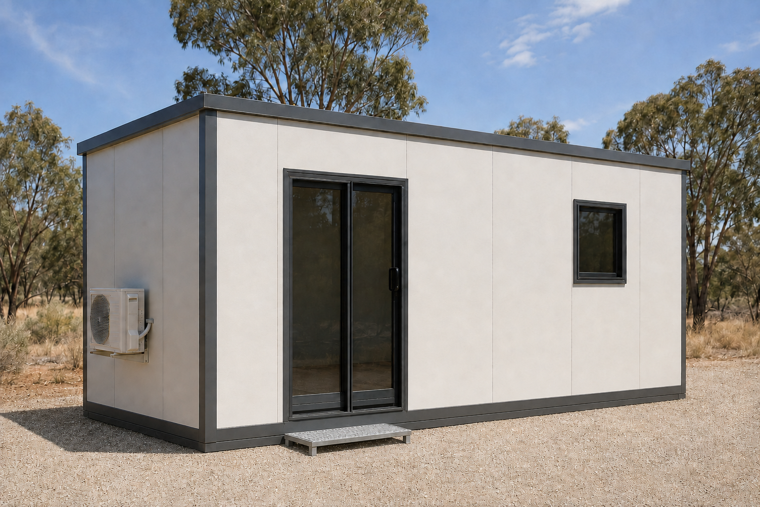 A small, modern prefabricated building with a black sliding glass door and a small window, situated on a gravel surface with trees and a blue sky in the background.