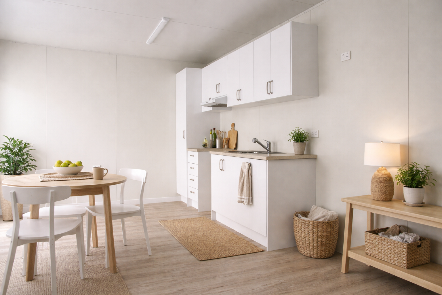 Bright minimalist kitchen with white cabinets and light wood flooring, decorated with green plants, a wooden dining table with white chairs, a woven basket and a side table with a lamp.