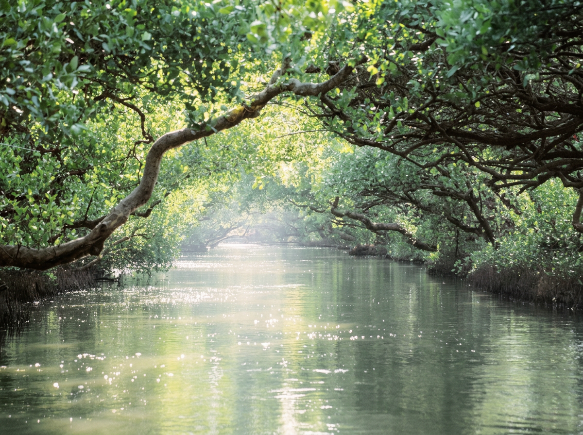 A peaceful waterway surrounded by lush green mangrove trees with overhanging branches, sunlight filtering through the leaves, and a calm, reflective water surface.