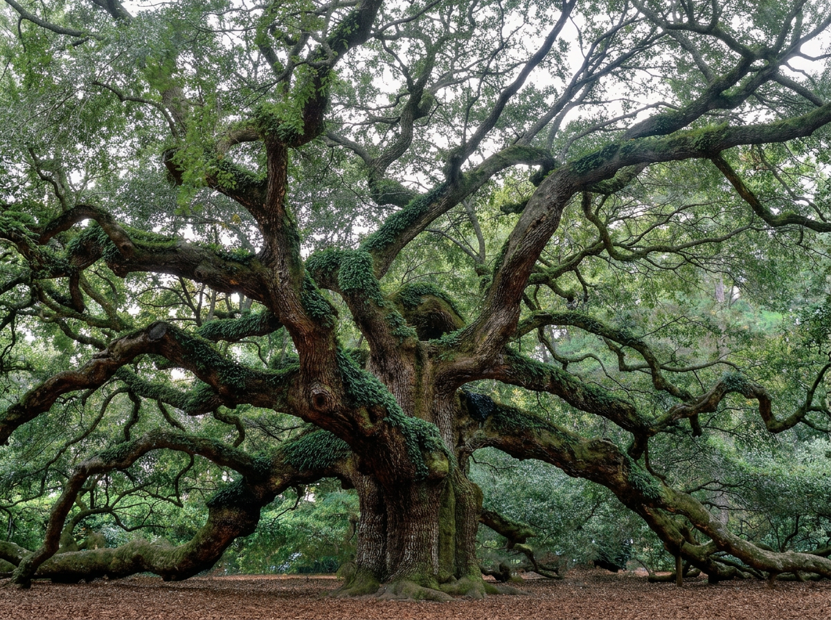 A large, sprawling tree with numerous twisting branches in a forest or park setting.