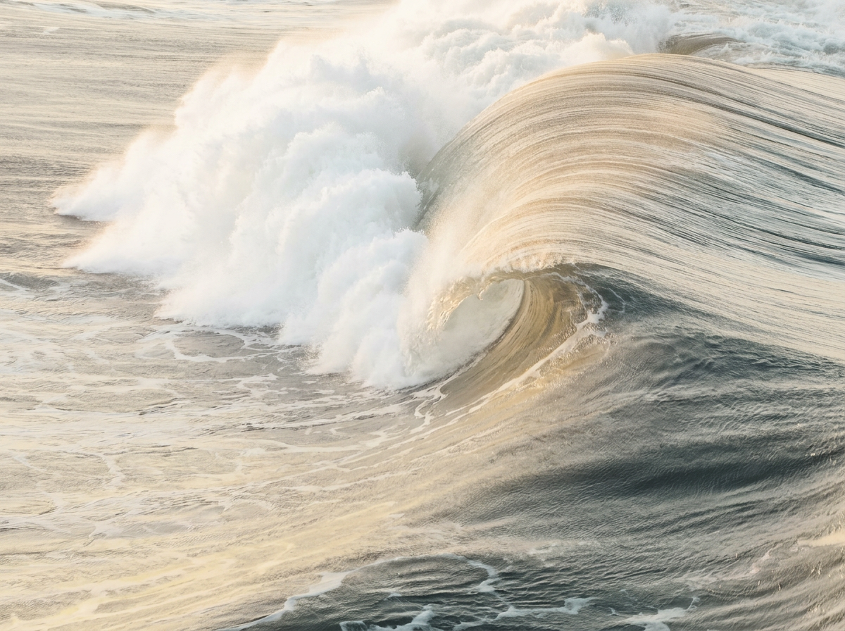 Large ocean wave with white foam and spray, rolling over in the sea during daylight.