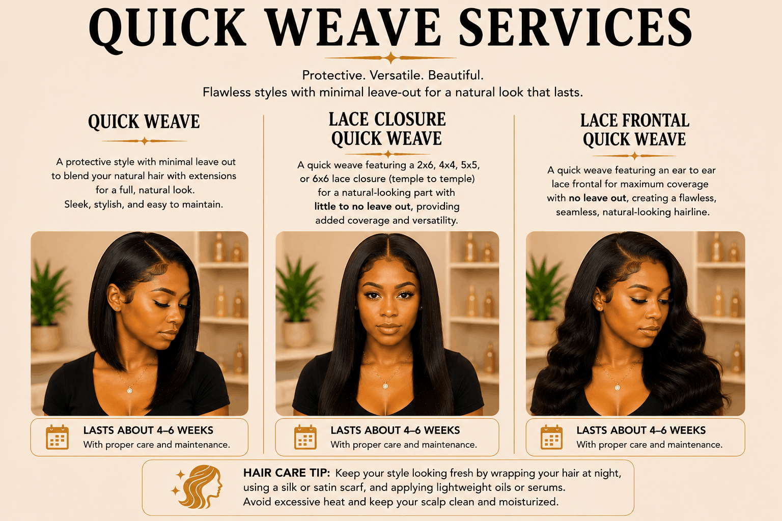 A salon hair service menu featuring three styles: Quick Weave, Lace Closure Quick Weave, and Lace Frontal Quick Weave, with descriptions and images of women with different hairstyles.