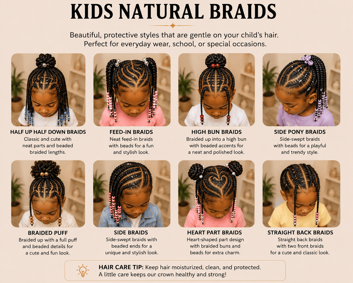 A display of various kids' natural braids styles, including half up half down braids, feed-in braids, high bun braids, side pony braids, braided puff, side braids, heart part braids, and straight back braids, with descriptions of each style.