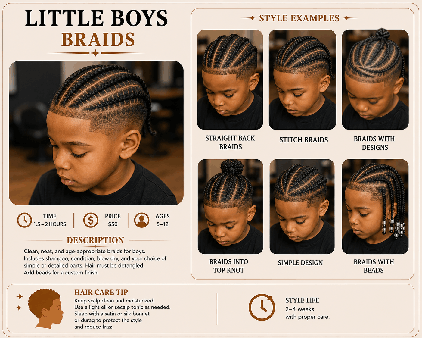 A poster showing different styles of braids for little boys, including straight backs, stitch braids, with designs, top knot, simple, and with beads. The poster provides details about the time, price, suitable age range, care tips, and style life.
