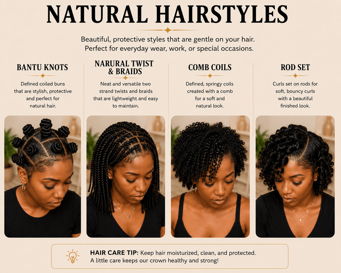 An infographic titled 'Natural Hairstyles' describing four different styles with photos of a woman showing each style. The styles are Bantu Knots, Natural Twist & Braids, Comb Coils, and Rod Set, with descriptions and images of each hairstyle.