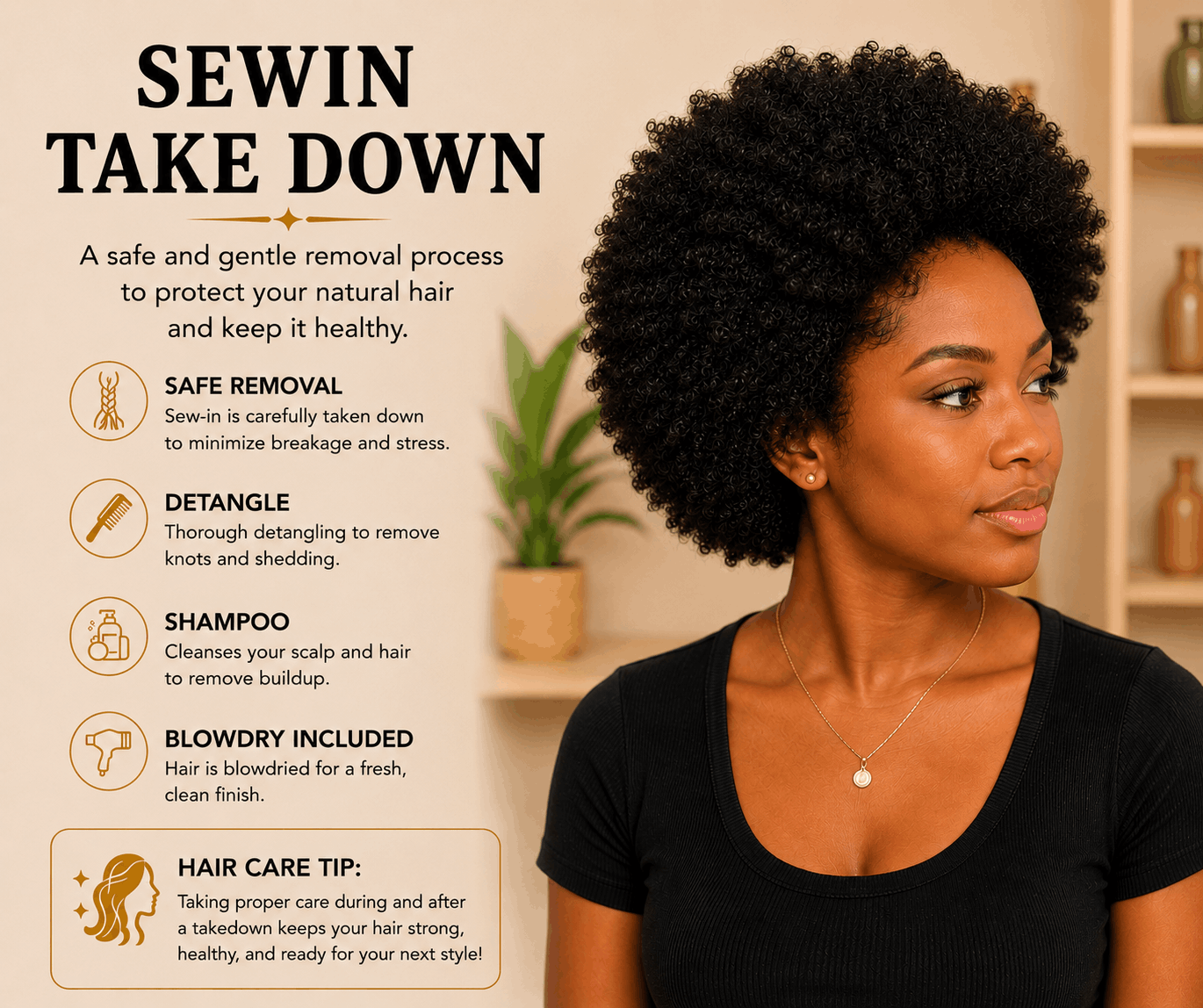 A woman with natural curly hair looking to the side, sitting in a room with shelves and a potted plant, next to a text poster about hair care and sew-in hair removal.