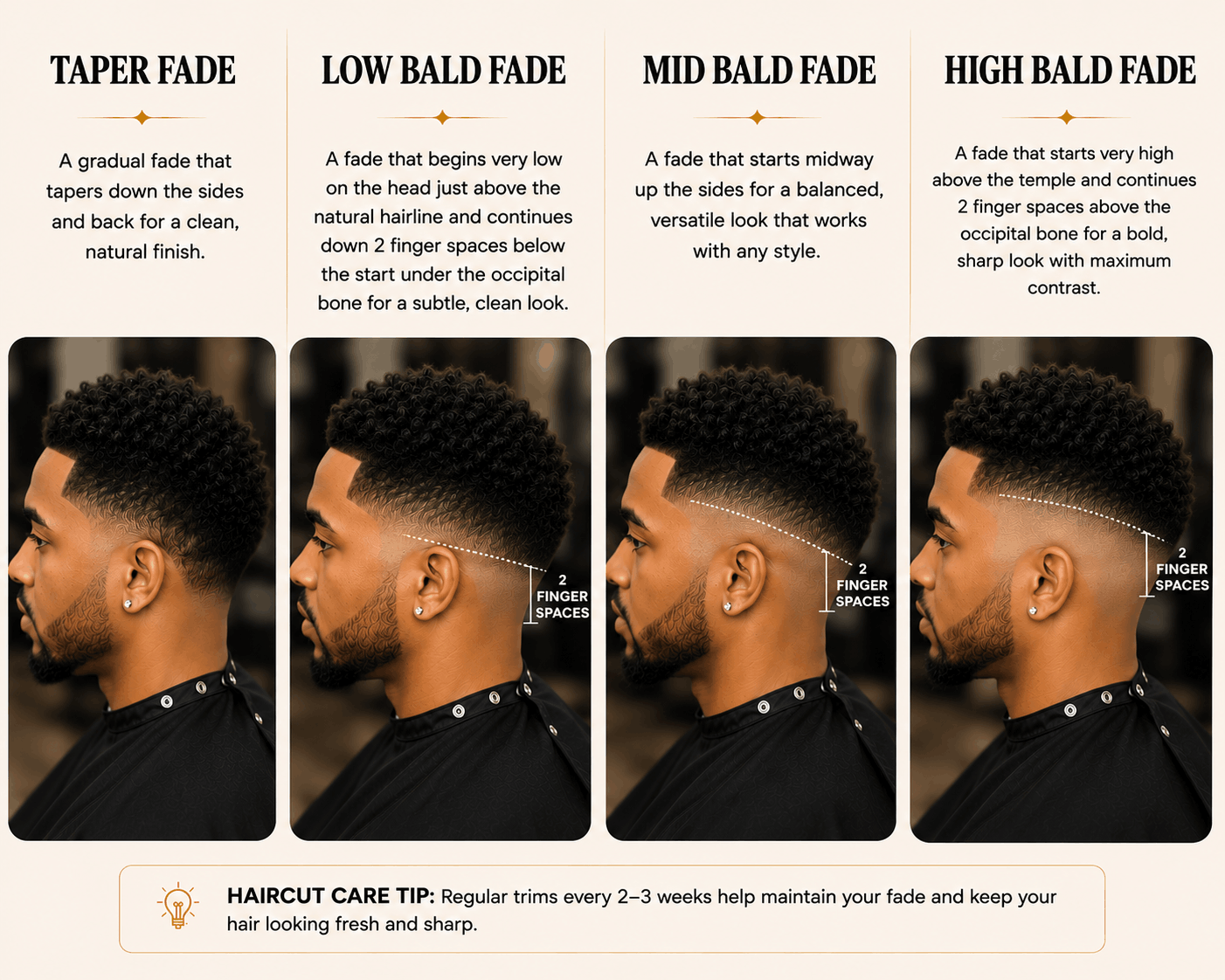 Guide to different fade hairstyles featuring a man with short curly hair, illustrated with four side-profile photos. Each show images demonstrate Taper, Low Bald, Mid Bald, and High Bald fades with descriptions and labeled measurement of two finger w