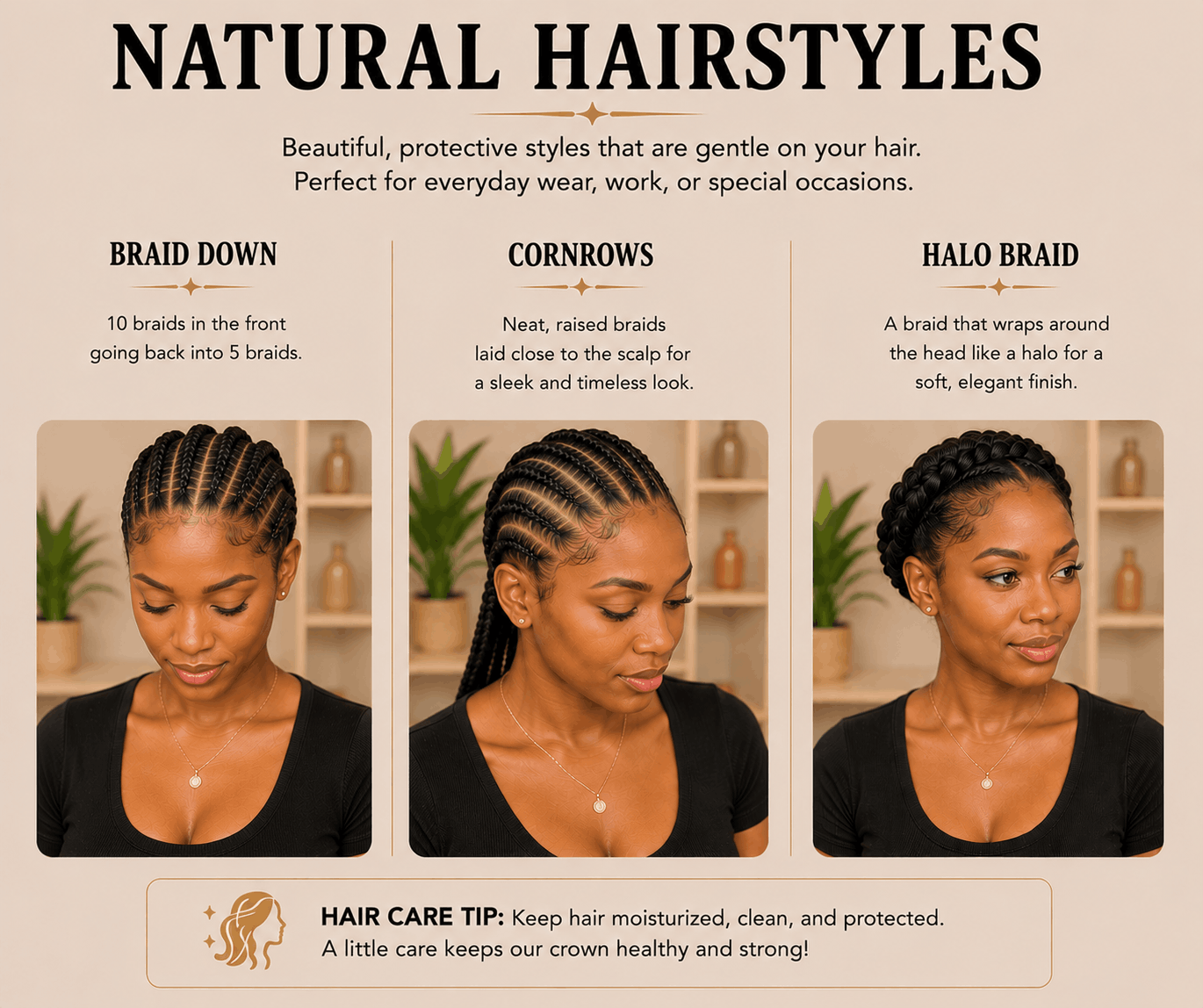 Guide showing three natural hairstyle styles with images and descriptions: braid down, cornrows, and halo braid. Each style has a photo of a woman with the hairstyle, and the text explains the look and technique.