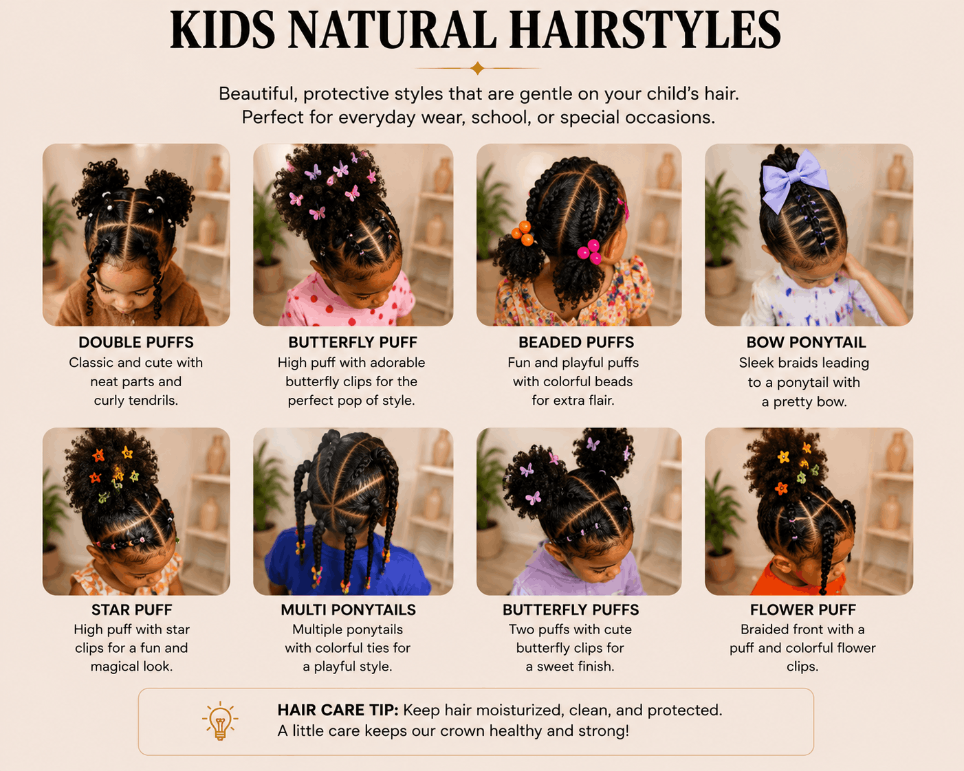 Display of eight different kids' natural hairstyles with images and descriptions, including double puffs, butterfly puff, beaded puffs, bow ponytail, star puff, multi ponytails, butterfly puffs, and flower puff, accompanied by hair care tip.